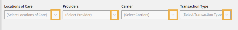 Report filter options with yellow highlight boxes around the LOC, Treating Providers, Carriers, and Transaction Type drop down menu arrows.